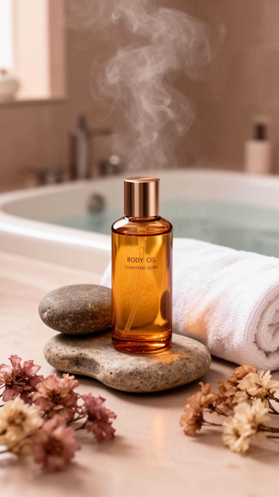 Amberkleurige flacon body oil op natuursteen met witte handdoek en droogbloemen