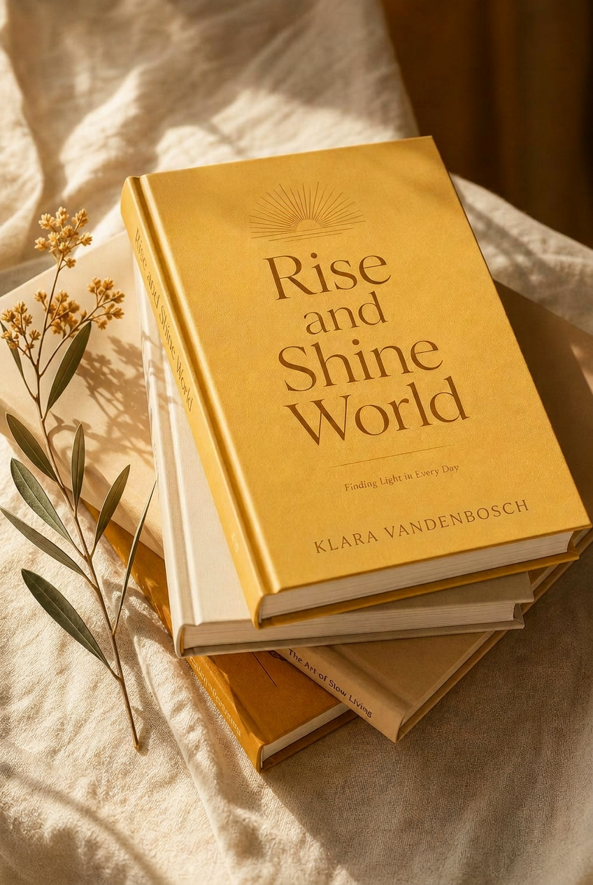 Stapel elegante hardcover boeken met bovenaan 'Rise and Shine World' op warm linnen in zacht zonlicht