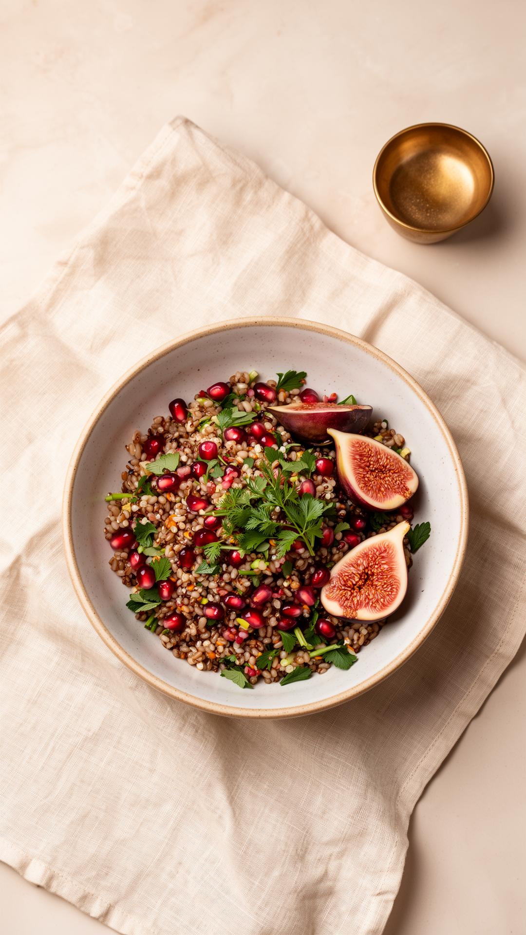 Minimale lifestylefoto van granensalade met vijgen en granaatappel