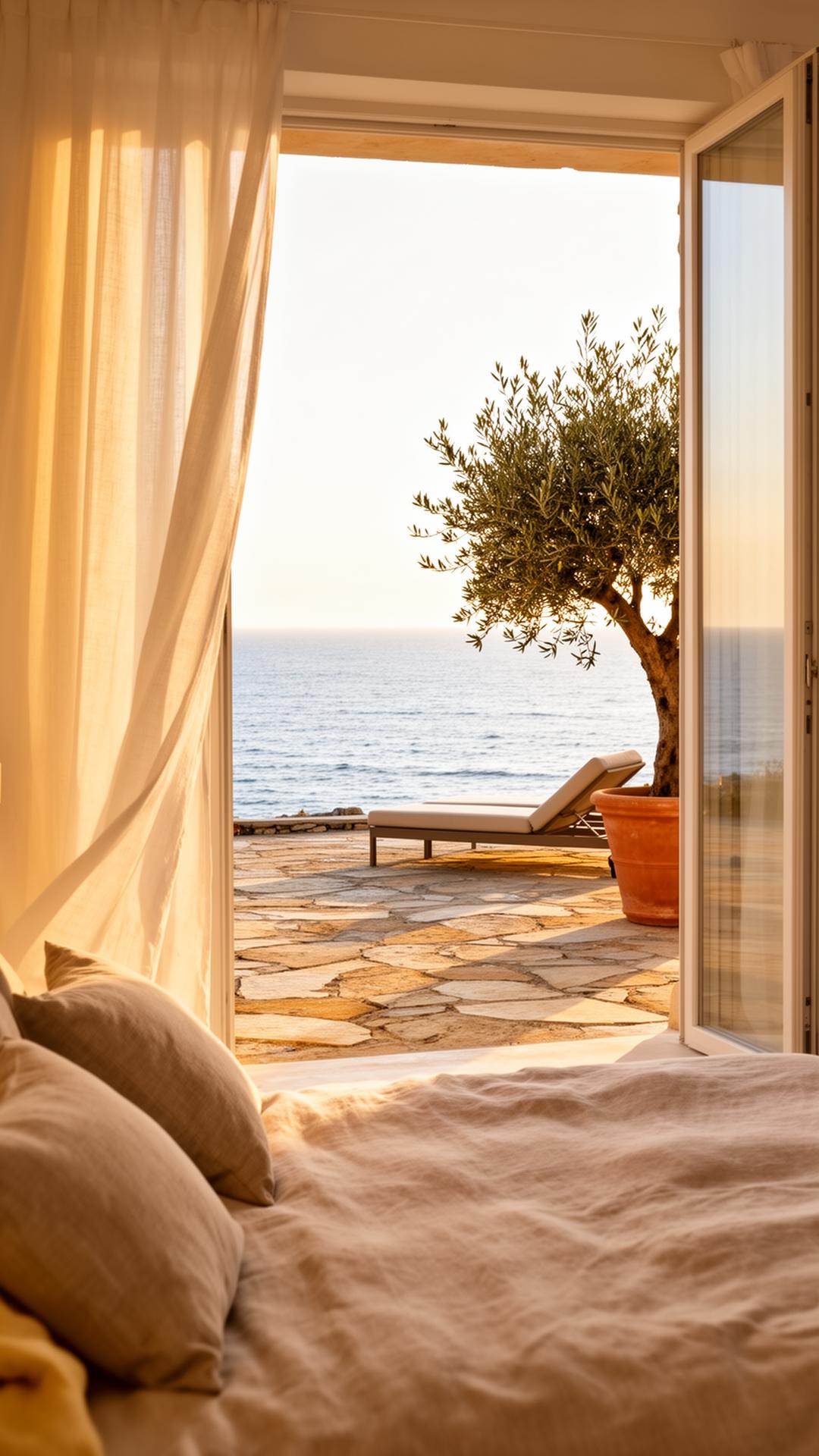 Minimalistische retreatterras met linnen daybed en uitzicht op de open zee bij gouden licht