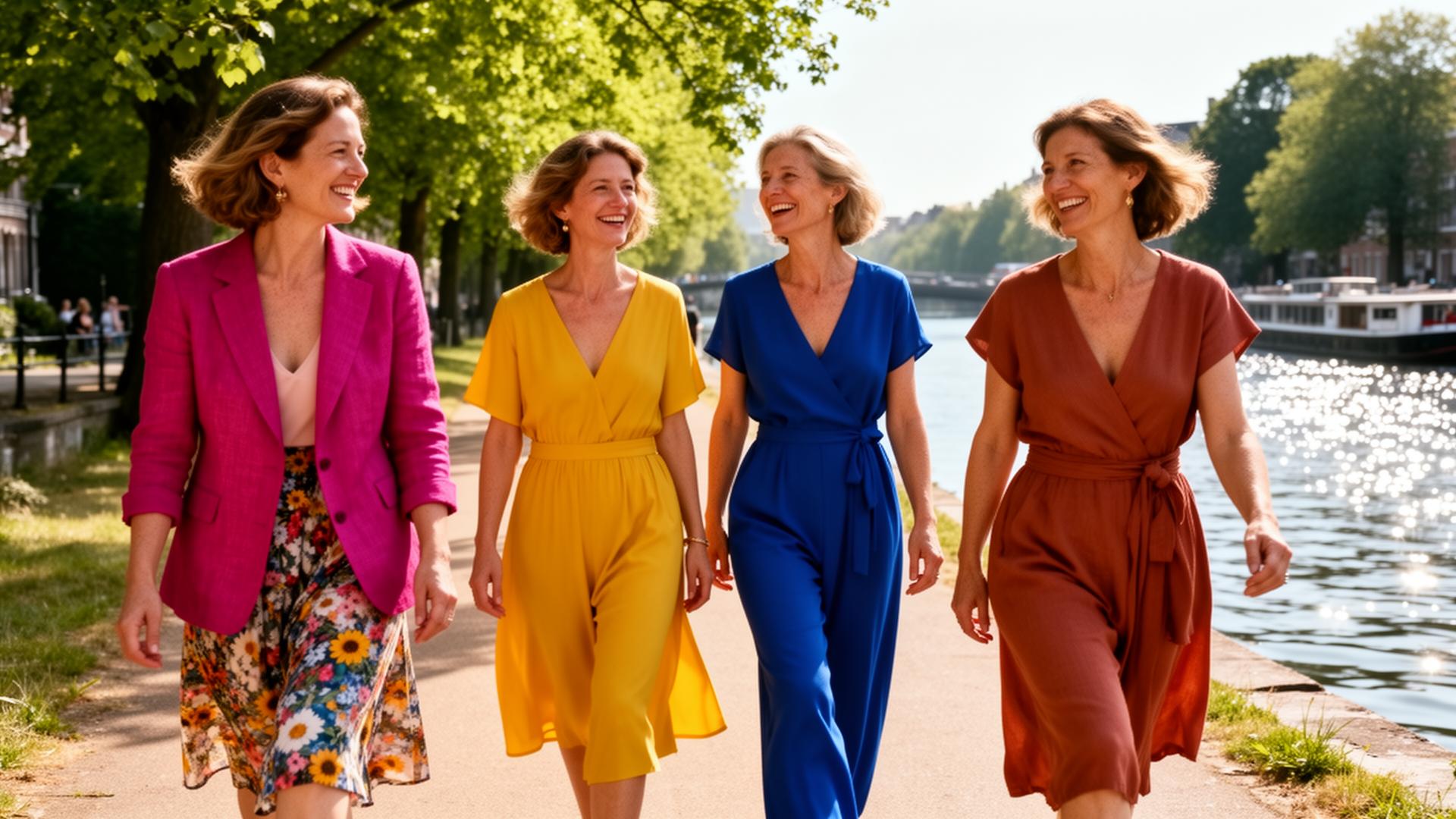 Groep elegante vrouwen wandelt langs een herfstig, met bomen omzoomd pad